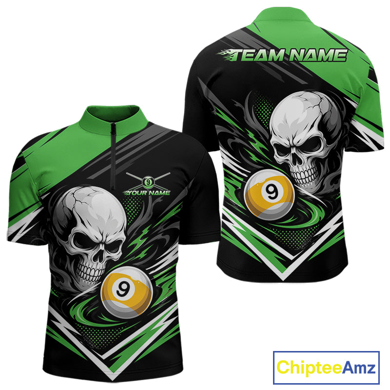 Custom Black And Green 9 Ball Skull Billiards Men Quarter Zip Shirt, Pool Team Shirt IPHW11743