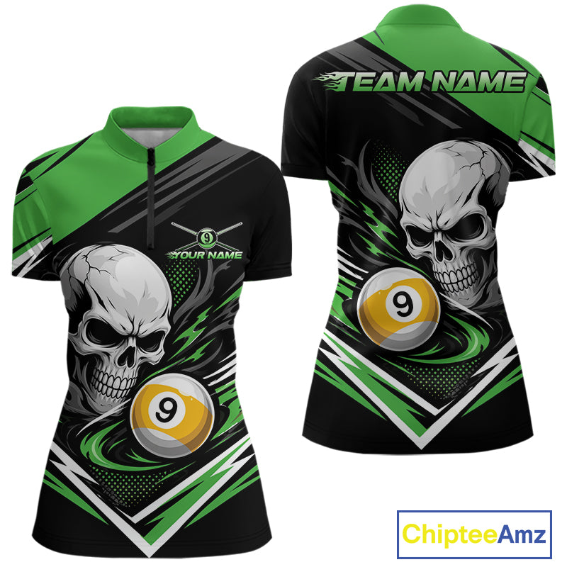 Custom Black And Green 9 Ball Skull Billiards Women Quarter-Zip Shirt, Pool Team Shirt IPHW11743