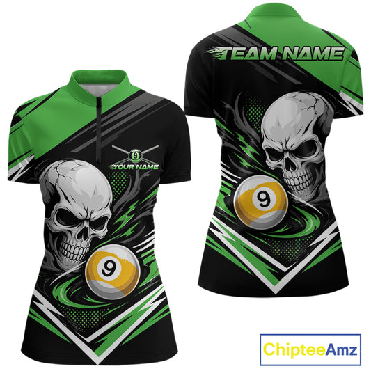 Custom Black And Green 9 Ball Skull Billiards Women Quarter-Zip Shirt, Pool Team Shirt IPHW11743