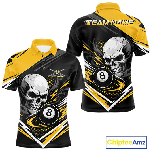 Custom Black And Yellow 8 Ball Skull Billiards Men Polo Shirt, Pool Team Shirt IPHW11744