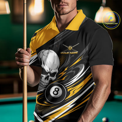 Custom Black And Yellow 8 Ball Skull Billiards Men Polo Shirt, Pool Team Shirt IPHW11744