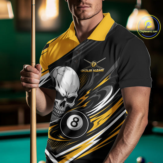 Custom Black And Yellow 8 Ball Skull Billiards Men Polo Shirt, Pool Team Shirt IPHW11744