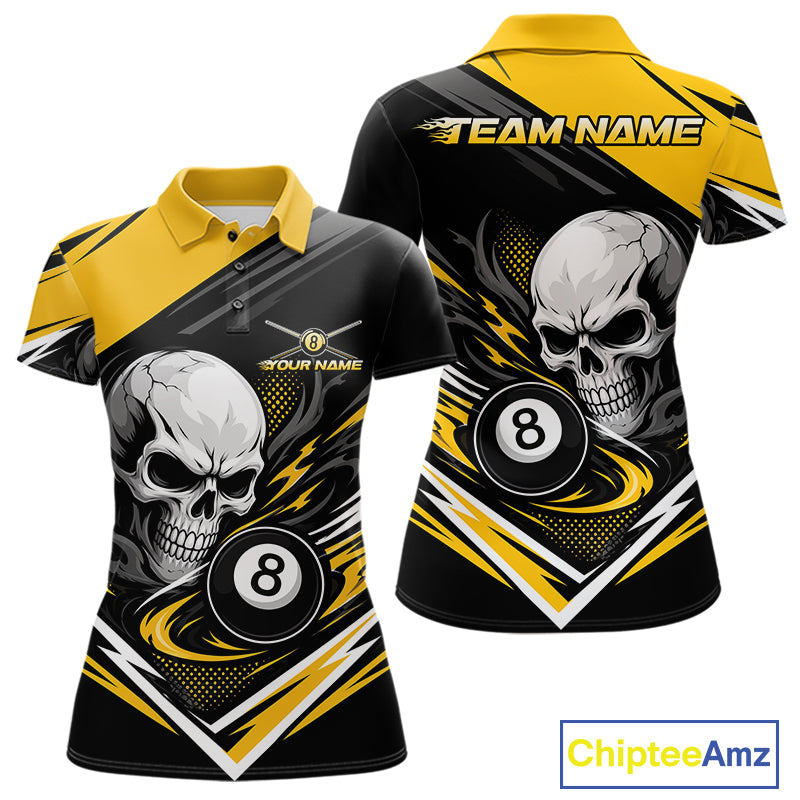 Custom Black And Yellow 8 Ball Skull Billiards Women Polo Shirt, Pool Team Shirt IPHW11744