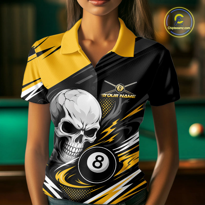 Custom Black And Yellow 8 Ball Skull Billiards Women Polo Shirt, Pool Team Shirt IPHW11744