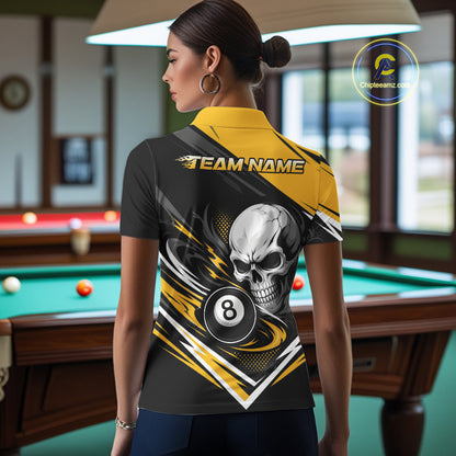 Custom Black And Yellow 8 Ball Skull Billiards Women Polo Shirt, Pool Team Shirt IPHW11744