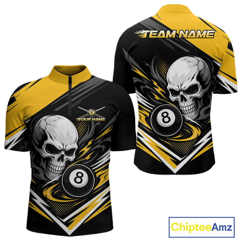 Custom Black And Yellow 8 Ball Skull Billiards Men Quarter Zip Shirt, Pool Team Shirt IPHW11744