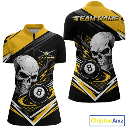 Custom Black And Yellow 8 Ball Skull Billiards Women Quarter-Zip Shirt, Pool Team Shirt IPHW11744