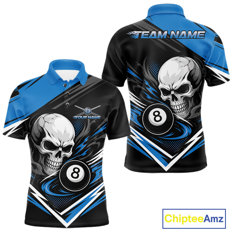 Custom Black And Blue 8 Ball Skull Billiards Men Polo Shirt, Pool Team Shirt IPHW11745