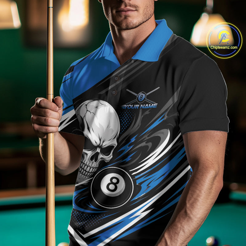 Custom Black And Blue 8 Ball Skull Billiards Men Polo Shirt, Pool Team Shirt IPHW11745
