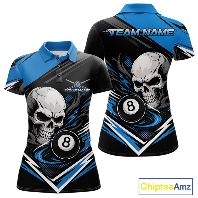 Custom Black And Blue 8 Ball Skull Billiards Women Polo Shirt, Pool Team Shirt IPHW11745