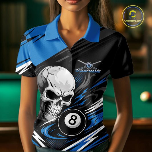 Custom Black And Blue 8 Ball Skull Billiards Women Polo Shirt, Pool Team Shirt IPHW11745