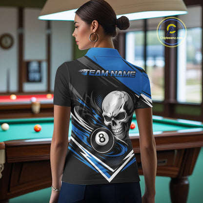 Custom Black And Blue 8 Ball Skull Billiards Women Polo Shirt, Pool Team Shirt IPHW11745