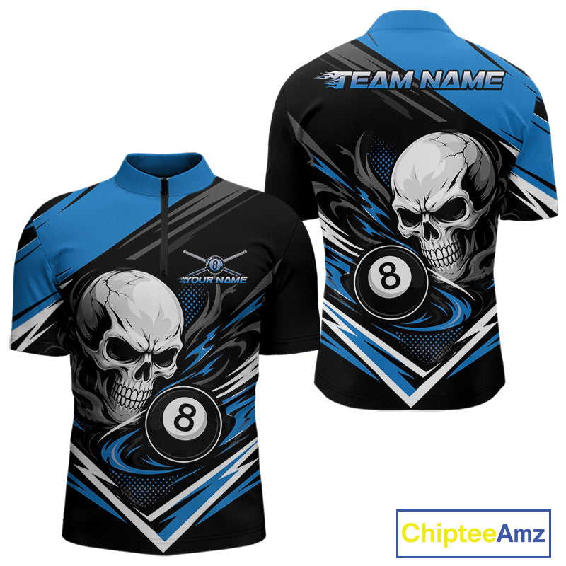 Custom Black And Blue 8 Ball Skull Billiards Men Quarter Zip Shirt, Pool Team Shirt IPHW11745