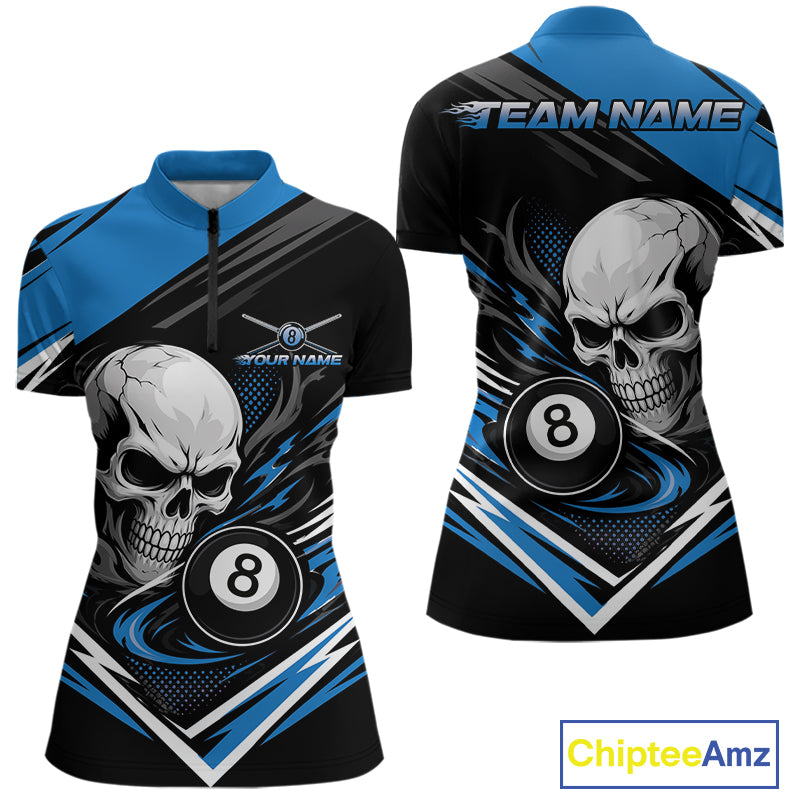 Custom Black And Blue 8 Ball Skull Billiards Women Quarter-Zip Shirt, Pool Team Shirt IPHW11745