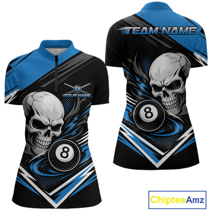 Custom Black And Blue 8 Ball Skull Billiards Women Quarter-Zip Shirt, Pool Team Shirt IPHW11745