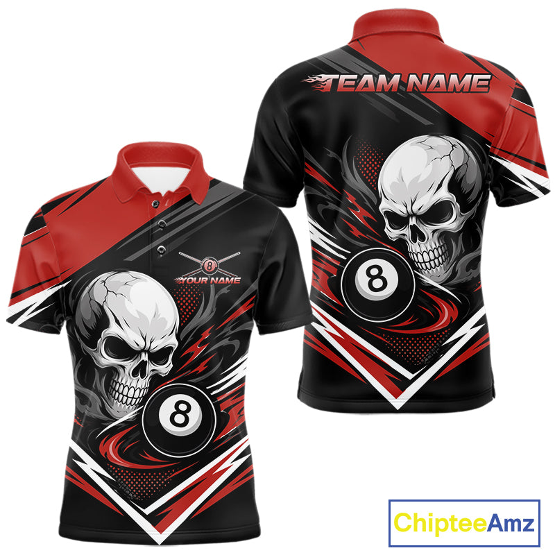Custom Black And Red 8 Ball Skull Billiards Men Polo Shirt, Pool Team Shirt IPHW11746