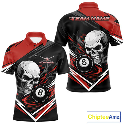 Custom Black And Red 8 Ball Skull Billiards Men Polo Shirt, Pool Team Shirt IPHW11746
