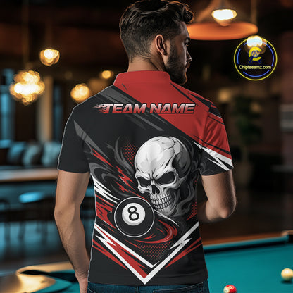Custom Black And Red 8 Ball Skull Billiards Men Polo Shirt, Pool Team Shirt IPHW11746