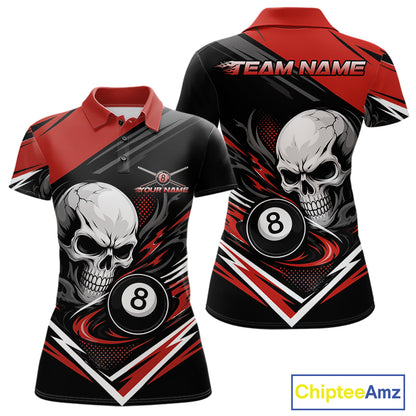 Custom Black And Red 8 Ball Skull Billiards Women Polo Shirt, Pool Team Shirt IPHW11746