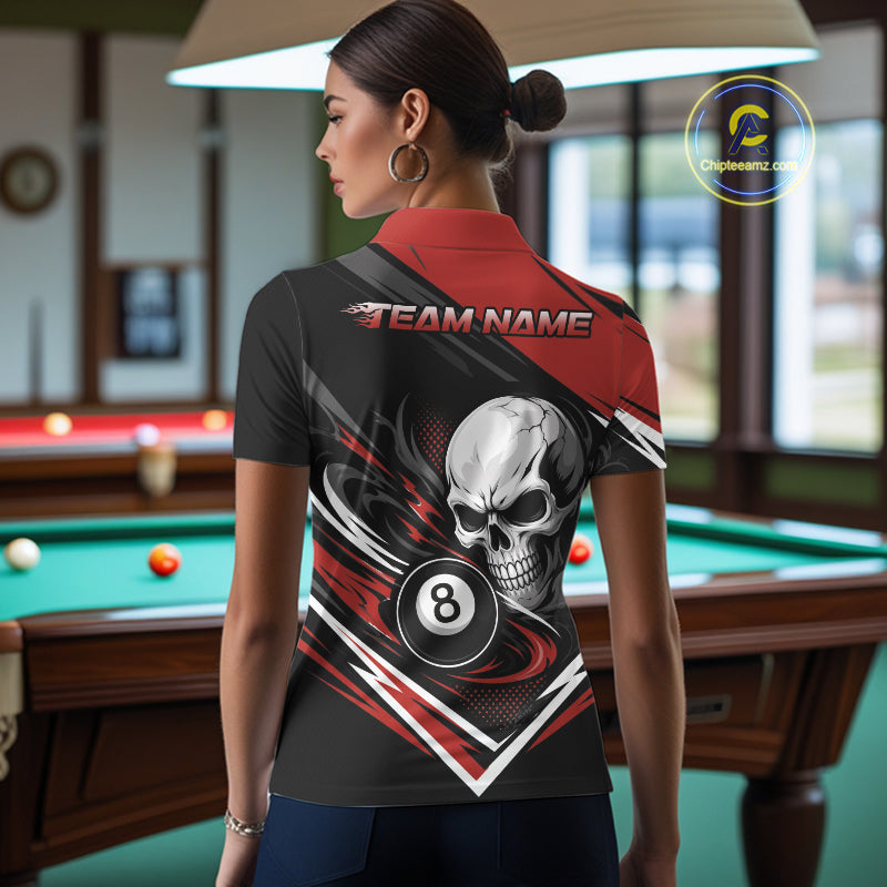 Custom Black And Red 8 Ball Skull Billiards Women Polo Shirt, Pool Team Shirt IPHW11746