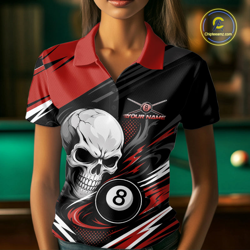 Custom Black And Red 8 Ball Skull Billiards Women Polo Shirt, Pool Team Shirt IPHW11746