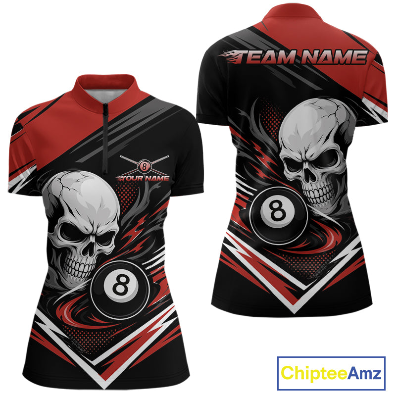 Custom Black And Red 8 Ball Skull Billiards Women Quarter-Zip Shirt, Pool Team Shirt IPHW11746