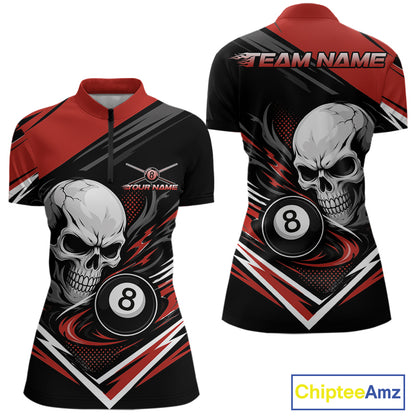 Custom Black And Red 8 Ball Skull Billiards Women Quarter-Zip Shirt, Pool Team Shirt IPHW11746