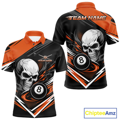 Custom Black And Orange 8 Ball Skull Billiards Men Polo Shirt, Pool Team Shirt IPHW11747