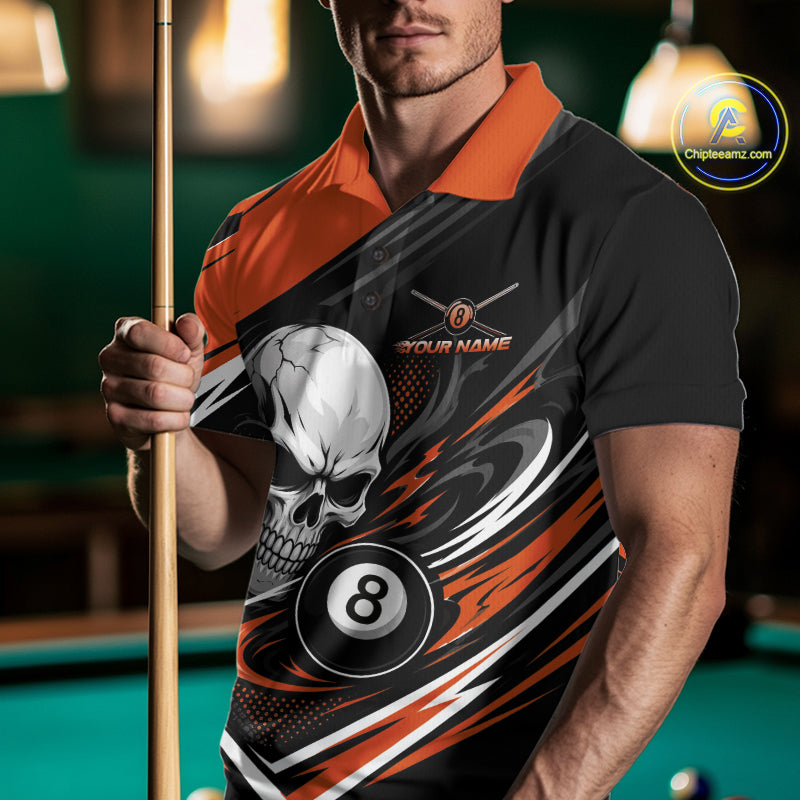 Custom Black And Orange 8 Ball Skull Billiards Men Polo Shirt, Pool Team Shirt IPHW11747
