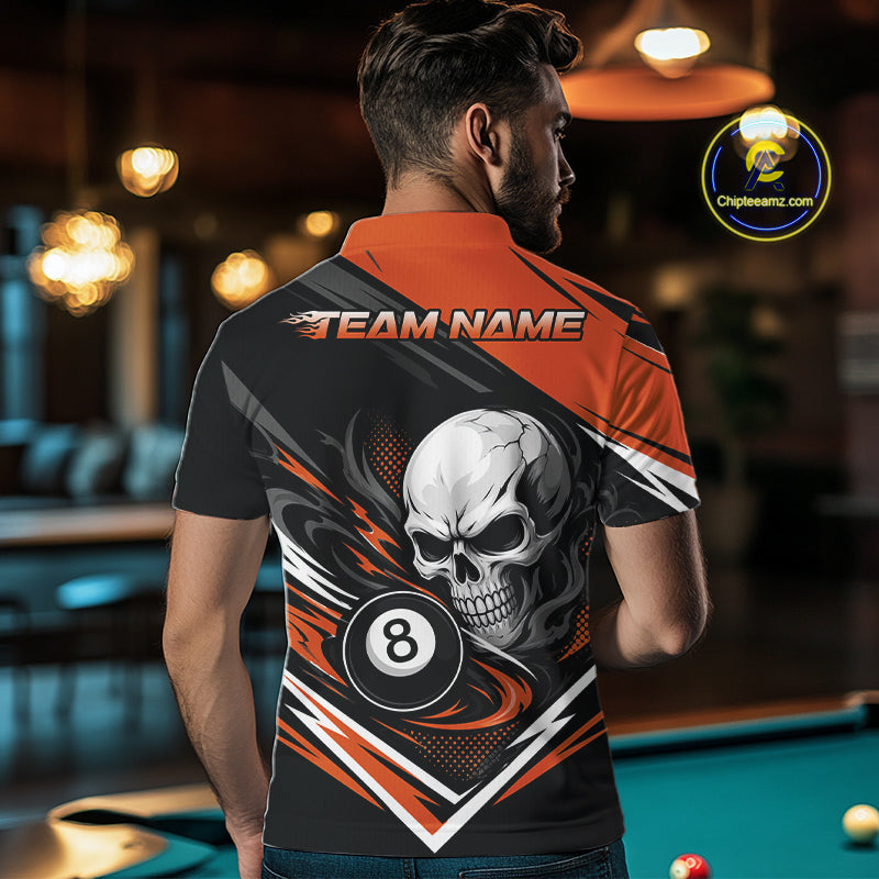 Custom Black And Orange 8 Ball Skull Billiards Men Polo Shirt, Pool Team Shirt IPHW11747