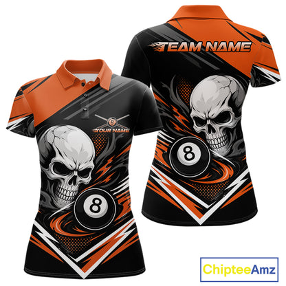 Custom Black And Orange 8 Ball Skull Billiards Women Polo Shirt, Pool Team Shirt IPHW11747
