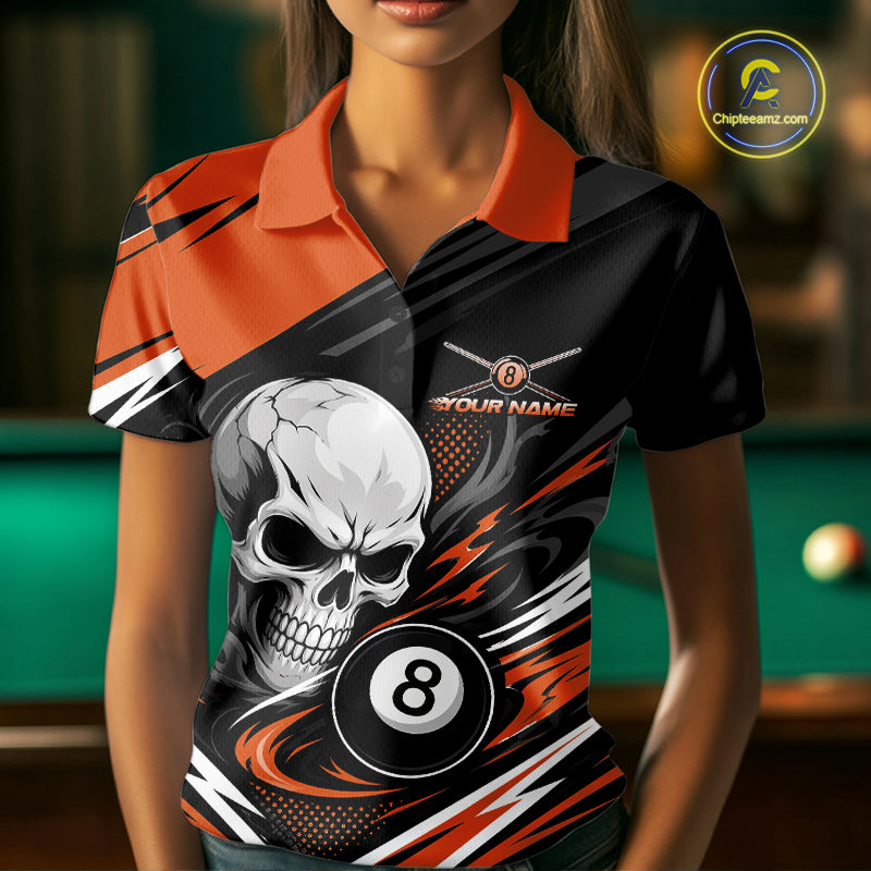 Custom Black And Orange 8 Ball Skull Billiards Women Polo Shirt, Pool Team Shirt IPHW11747