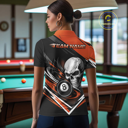 Custom Black And Orange 8 Ball Skull Billiards Women Polo Shirt, Pool Team Shirt IPHW11747