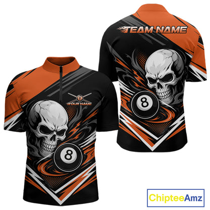 Custom Black And Orange 8 Ball Skull Billiards Men Quarter Zip Shirt, Pool Team Shirt IPHW11747