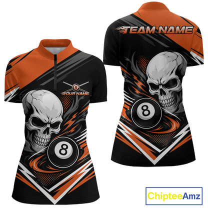 Custom Black And Orange 8 Ball Skull Billiards Women Quarter-Zip Shirt, Pool Team Shirt IPHW11747