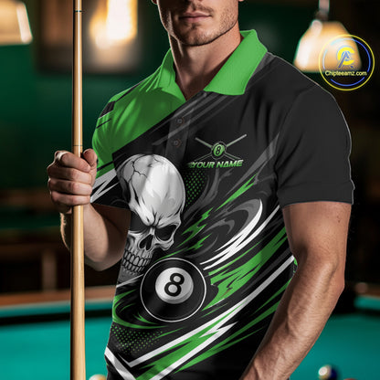 Custom Black And Green 8 Ball Skull Billiards Men Polo Shirt, Pool Team Shirt IPHW11748