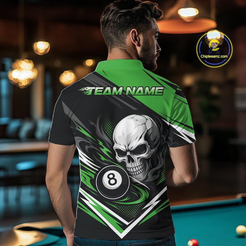 Custom Black And Green 8 Ball Skull Billiards Men Polo Shirt, Pool Team Shirt IPHW11748