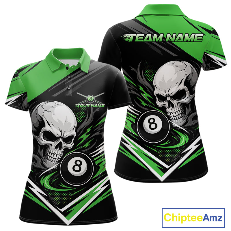 Custom Black And Green 8 Ball Skull Billiards Women Polo Shirt, Pool Team Shirt IPHW11748