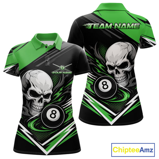 Custom Black And Green 8 Ball Skull Billiards Women Polo Shirt, Pool Team Shirt IPHW11748