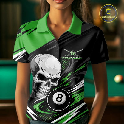 Custom Black And Green 8 Ball Skull Billiards Women Polo Shirt, Pool Team Shirt IPHW11748