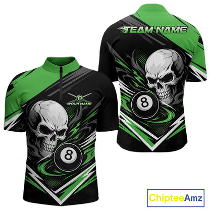 Custom Black And Green 8 Ball Skull Billiards Men Quarter Zip Shirt, Pool Team Shirt IPHW11748