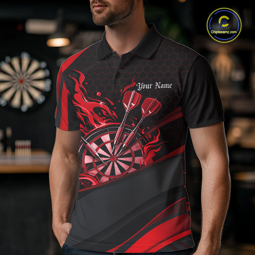 Custom Red Fire Flame Dartboard Darts Team Men Polo Shirts, Dart League Shirts IPHW10377