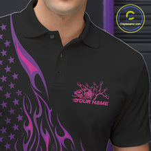 Load image into Gallery viewer, Custom Pink Purple Patriotic Flame Bowling Men Polo Shirt, US Flag Bowler Jersey IPHW11167