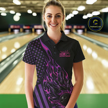 Load image into Gallery viewer, Custom Pink Purple Patriotic Flame Bowling Women Polo Shirt, US Flag Bowler Jersey IPHW11167