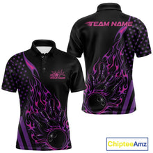 Load image into Gallery viewer, Custom Pink Purple Patriotic Flame Bowling Men Polo Shirt, US Flag Bowler Jersey IPHW11167