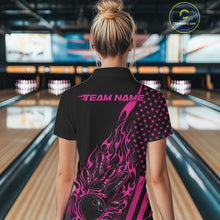 Load image into Gallery viewer, Custom Pink Patriotic Flame Bowling Women Polo Shirt, US Flag Bowler Jersey IPHW11168