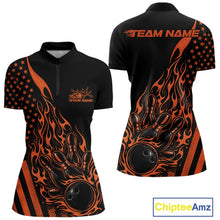 Load image into Gallery viewer, Custom Orange Patriotic Flame Bowling Women Quarter-Zip Shirt, US Flag Bowler Jersey IPHW11169