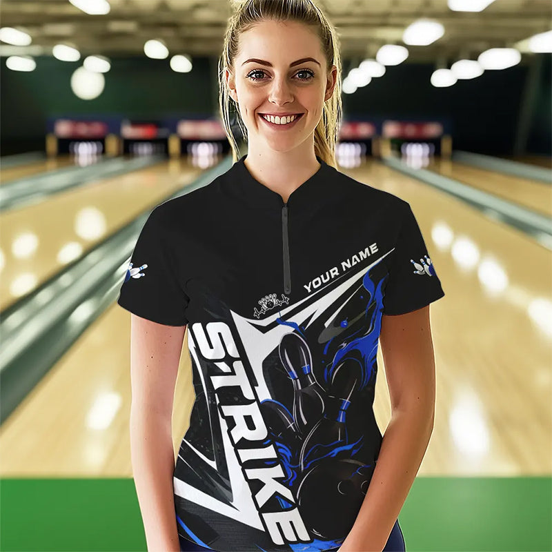 Custom Black And Blue Flame Strike Womens Bowling Quarter-Zip Shirts, Strike Bowling Jerseys IPHW8313