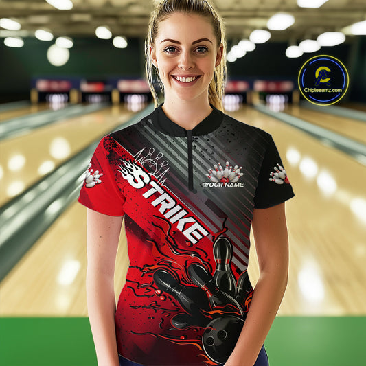 Custom Red Strike Flame Bowling Women Quarter Zip Shirt, Bowling Team Shirt Bowler Outift IPHW9615