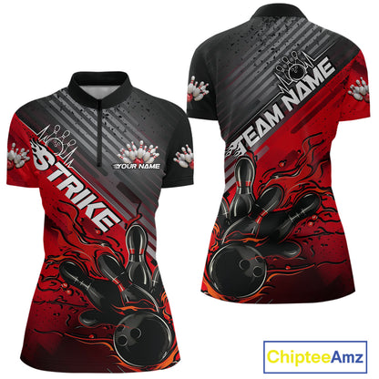 Custom Red Strike Flame Bowling Women Quarter Zip Shirt, Bowling Team Shirt Bowler Outift IPHW9615